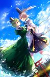  arm_around_waist blue_sky cloud dancing day dress dutch_angle eye_contact green_dress green_eyes green_hair grey_eyes hat hat_ribbon highres holding_hands hug_(yourhug) juliet_sleeves long_sleeves looking_at_another mononobe_no_futo multiple_girls outdoors petals ponytail puffy_sleeves reflection ribbon ribbon-trimmed_sleeves ribbon_trim silver_hair sky soga_no_tojiko torii touhou water wide_sleeves yuri 