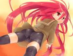  ass bike_shorts cameltoe from_behind from_below jewelry long_hair looking_at_viewer looking_back necklace ohlia panties_under_bike_shorts pantylines parted_lips red_eyes red_hair shakugan_no_shana shana solo thighhighs trefoil upskirt very_long_hair 