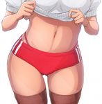  ass_visible_through_thighs breasts brown_legwear buruma close-up gym_uniform head_out_of_frame highres imizu_(nitro_unknown) lifted_by_self md5_mismatch medium_breasts navel original panties red_panties revision shirt_lift simple_background solo stomach thighhighs thong underwear white_background 