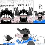  3girls battleship_hime black_hair comic horns kantai_collection long_hair multiple_girls roshiakouji-chan ru-class_battleship shinkaisei-kan ta-class_battleship translation_request twitter_username white_hair 