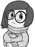  1girl blush breasts cleavage clothed clothing disney eyewear female glasses inside_out livesmutanon monochrome pixar sad sadness_(inside_out) solo 