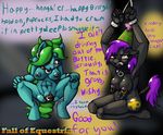 2015 abs anthro anthrofied birthday bottle bound breasts brown_eyes clexyoshi clitoris clitoris_piercing collar crouching cutie_mark dialogue duo english_text equine fall_of_equestria fan_character female genital_piercing gold green_hair hair hat horn horse kneeling mammal my_little_pony navel nipples nude party_hat penetration piercing pony purple_hair pussy shackles slave tail_wrap text unicorn vaginal vaginal_penetration wishy_washy 