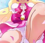  blonde_hair bow choker close-up closed_mouth cure_flora earrings go!_princess_precure haruno_haruka haruyama_kazunori head_out_of_frame jewelry legs long_hair magical_girl petals pink_bow pink_skirt precure skirt smile solo thighs 