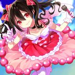  \m/ angel_wings black_hair bow collar dress gloves hair_bow hiroimu looking_at_viewer love_live! love_live!_school_idol_project microphone red_dress red_eyes smile solo striped striped_legwear thighhighs twintails white_gloves wings yazawa_nico 