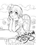  :d bad_id bad_pixiv_id blush bush chair crossdressing dated flower greyscale head_rest inazuma_eleven inazuma_eleven_(series) looking_at_viewer male_focus miyasaka_ryou monochrome open_mouth otoko_no_ko sitting sketch smile solo table tomo_(sjim) white_background 