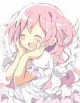  :d ^_^ ^o^ blush closed_eyes dress hands_on_own_cheeks hands_on_own_face highres hitode kaname_madoka long_hair magical_girl mahou_shoujo_madoka_magica open_mouth pink_hair puffy_short_sleeves puffy_sleeves short_sleeves simple_background smile solo spoilers two_side_up ultimate_madoka upper_body white_background white_dress wings 