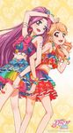  :d absurdres aikatsu! aikatsu!_(series) arm_tattoo arm_up armlet armpits back-to-back bangs bare_legs bare_shoulders beads blue_bow blush body_blush body_writing bow bracelet breasts chin_stroking clothes_writing club_(shape) colorful copyright_name cowboy_shot crop_top crop_top_overhang diamond_(shape) earrings finger_to_mouth flipped_hair floral_print from_side glitter gradient gradient_background hair_bow heart high_ponytail highlights highres ishikawa_kayoko jewelry kanzaki_mizuki layered_skirt lips locked_arms logo long_hair looking_at_viewer midriff multicolored multicolored_clothes multicolored_hair multicolored_skirt multiple_girls nail_polish natsuki_mikuru navel necklace official_art open_mouth orange_background orange_hair palm_tree parted_bangs pearl_bracelet pearl_necklace pendant pink_bow pink_hair pink_nails ponytail purple_eyes purple_hair rainbow_order rainbow_skirt red_eyes red_nails scan sidelocks skirt sleeveless slender_waist small_breasts smile spade_(shape) sparkle standing stomach streaked_hair swept_bangs tank_top tattoo teeth tree two-tone_hair very_long_hair vivid_kiss 