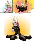  animal_ears blonde_hair breasts clothed clothing comic female fur hair lagomorph living_latex living_rubber magic mammal mask masturbation nail_polish open_mouth pink_fur rabbit rael_bunny solo transformation 