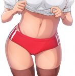  ass_visible_through_thighs breasts brown_legwear buruma close-up gym_uniform head_out_of_frame highres imizu_(nitro_unknown) md5_mismatch medium_breasts navel original panties red_panties shirt_lift simple_background solo thighhighs thong underwear white_background 