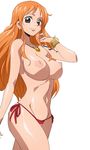  bikini bikini_bottom bracelet breasts brown_eyes earrings jewelry large_breasts long_hair looking_at_viewer manji_(tenketsu) nami_(one_piece) navel necklace nipples one_piece orange_hair puffy_nipples shiny shiny_hair shiny_skin side-tie_bikini simple_background smile solo swimsuit tattoo topless white_background 