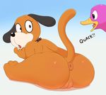  acstlu anus avian back bird black_nose butt canine collar dog duck duck_hunt duck_hunt_dog female mammal open_mouth plain_background pussy text tongue video_games 