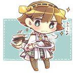  1girl :3 admiral_(kantai_collection) bad_id bad_pixiv_id blue_eyes brown_hair chibi curry curry_rice detached_sleeves eighth_note food glasses hairband hat hiei_(kantai_collection) japanese_clothes kantai_collection looking_at_viewer military military_uniform musical_note naval_uniform nontraditional_miko pantyhose rice running same_anko short_hair sparkle thighhighs translated twitter_username uniform wavy_mouth wide_sleeves 
