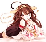  ahoge bad_id bad_pixiv_id bare_shoulders boots breasts brown_eyes brown_hair cleavage cowboy_shot double_bun headgear heart highres japanese_clothes kantai_collection kongou_(kantai_collection) long_hair looking_at_viewer lying medium_breasts nontraditional_miko on_stomach orqz pillow solo thigh_boots thighhighs tongue tongue_out translated white_background yes yes-no_pillow 