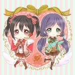  angel_wings armband bangs black_hair boots bow chibi frills garter_straps green_eyes hair_bow happy_valentine headset heart knees_together_feet_apart letter love_live! love_live!_school_idol_project mashuhope_(chinesere) multiple_girls purple_hair red_eyes ribbon scrunchie shoes standing standing_on_one_leg striped striped_background striped_legwear thighhighs toujou_nozomi twintails valentine vertical-striped_background vertical-striped_legwear vertical_stripes winged_shoes wings yazawa_nico 