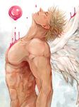  abs adam's_apple blonde_hair blood bubble caesar_anthonio_zeppeli closed_eyes eyelashes facepaint floating_hair from_side jojo_no_kimyou_na_bouken lips liquid male_focus nude parted_lips pectorals profile shishimaru_(polar_museum) solo sphere upper_body white_wings wings 