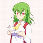  ascot bouncing_breasts breasts cato_(monocatienus) commentary_request grabbing green_hair kazami_yuuka large_breasts long_sleeves looking_at_viewer open_clothes open_vest red_eyes shirt smirk solo touhou upper_body vest 