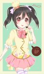  :p black_hair bow brooch character_name chef_hat chocolate chocolate_heart hair_bow hairband hat heart highres jewelry looking_at_viewer love_live! love_live!_school_idol_project mashuhope_(chinesere) mini_hat red_eyes ribbon skirt solo spoken_heart thighhighs tongue tongue_out toque_blanche twintails valentine yazawa_nico 