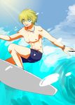  abs absurdres blonde_hair blue_eyes haribo_zld highres jewelry male_focus male_swimwear necklace nintendo shirtless shulk smile solo super_smash_bros. surfboard surfing swim_trunks swimwear water waves wristband xenoblade_(series) xenoblade_1 