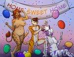  2015 anthro balloon balls banner beverage blush breasts cat diamond_(character) english_text equine feline female giraffe glass kadath male mammal nipples penis pussy puzzle_(character) text zebra 
