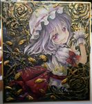  commentary_request dress fang hat hat_ribbon looking_at_viewer mob_cap mosho open_mouth photo pink_eyes puffy_short_sleeves puffy_sleeves remilia_scarlet ribbon sash shikishi short_sleeves silver_hair smile solo touhou traditional_media watercolor_(medium) white_dress wrist_cuffs 