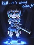  chibi cigar commentary english fubuki_(kantai_collection) gun kantai_collection langbazi parody profanity school_uniform serafuku short_hair skirt solo starcraft starcraft_2:_wings_of_liberty sunglasses weapon 