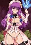  annoyed areolae black_legwear breasts bursting_breasts covered_nipples g-string highres huge_breasts magic n_(dai_n_honpo) panties patchouli_knowledge puffy_nipples solo string_panties thighhighs thighs thong touhou underwear 