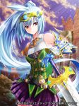  bare_shoulders blue_hair long_hair official_art pochadon ponytail red_eyes seiten_ragnarok solo sword weapon 