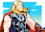  bare_shoulders beard blonde_hair blue_eyes cape facial_hair gauntlets long_hair male_focus marvel nikumeron solo thor_(marvel) 