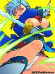  1girl blue_hair blush breasts bursting_breasts cleavage eroe female large_breasts looking_at_viewer open_mouth red_eyes solo sword 