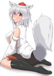  :t akiryu animal_ears bare_shoulders black_legwear blush breasts covered_nipples detached_sleeves fang hat highres inubashiri_momiji large_breasts looking_at_viewer pom_pom_(clothes) red_eyes ribbon-trimmed_sleeves ribbon_trim short_hair sideboob silver_hair simple_background sitting skirt solo tail tears tokin_hat touhou white_background wolf_ears wolf_tail 