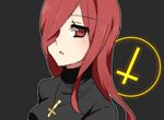  blush breasts cross cross_necklace hair_over_one_eye highres inverted_cross jewelry large_breasts long_hair necklace parasoul_(skullgirls) red_eyes red_hair skullgirls solo sorimachi-doufu sweater turtleneck upper_body 