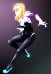  bangs black_background blonde_hair blue_hair bodysuit breasts covered_navel finalcake from_side full_body gloves gradient gradient_background gwen_stacy hairband highres hips hood hood_down impossible_bodysuit impossible_clothes jumping light_smile long_hair looking_to_the_side marvel medium_breasts parted_bangs profile short_hair smile spider-gwen spider_web_print superhero 