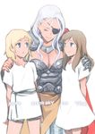  2girls armor blonde_hair breasts brown_hair cleavage eyepatch genderswap genderswap_(mtf) large_breasts loki_(marvel) marvel multiple_girls nikumeron odin_(marvel) thor_(marvel) tunic white_hair younger 