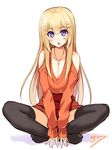  blonde_hair breasts cleavage cu-no hakurei_botan hisenkaede huge_breasts long_hair purple_eyes sitting sketch solo thighhighs 