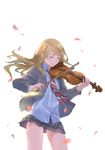  blonde_hair closed_eyes highres instrument kishida_nica long_hair miyazono_kawori petals school_uniform shigatsu_wa_kimi_no_uso smile solo tears violin 