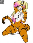  &lt;3 2015 anthro blue_eyes breasts fc32 feline female mammal navel nipples open_mouth pink_nose plain_background pussy teeth thick_thighs tiger tongue 