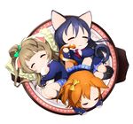  animal_ears blazer blue_hair bow cat_ears cat_tail chibi closed_eyes curled_up frilled_pillow frills grey_hair hair_bow in_container jacket kemonomimi_mode kousaka_honoka love_live! love_live!_school_idol_project minami_kotori multiple_girls neko_nabe ng_(kimjae737) one_side_up orange_hair otonokizaka_school_uniform paw_print pillow pot school_uniform simple_background sleeping sonoda_umi tail white_background 