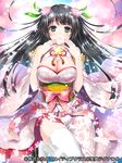  black_hair breasts cherry_blossoms cleavage detached_sleeves flower geta green_eyes hair_flower hair_ornament hands_up huge_breasts japanese_clothes long_hair looking_at_viewer official_art pochadon seiten_ragnarok solo sparkle thighhighs 