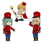  aqua_hair bad_id bad_pixiv_id blonde_hair crown gloves gouenji_shuuya green_eyes hair_over_one_eye hat highres inazuma_eleven inazuma_eleven_(series) kazemaru_ichirouta looking_at_viewer male_focus military military_uniform miyasaka_ryou multiple_boys one_eye_closed open_mouth ponytail scepter shako_cap simple_background smile tan thighhighs tomo_(sjim) uniform white_background white_gloves white_legwear 