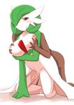  1girl arm_support blush breast_grab breast_hold breasts clothed_female_nude_male commentary_request cum cum_in_pussy cumdrip doggystyle dress eyelashes eyes gardevoir gen_3_pokemon grabbing green hair_over_one_eye half-closed_eye happy_sex hetero kaceuth large_breasts looking_away looking_down navel nipples nude overflow pokemon pokemon_(creature) red_eyes sex smile vaginal 
