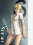 1girl against_wall blonde_hair blue_eyes blush breasts cleavage deep_rising electricity erect_nipples female highres large_breasts legs looking_at_viewer navel no_bra panties resident_evil resident_evil_6 sherry_birkin short_hair solo standing sweat thighs thor_(deep_rising) underwear very_short_hair weapon white_panties 