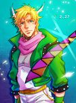  anz blonde_hair caesar_anthonio_zeppeli facial_mark feathers fingerless_gloves gloves green_eyes green_jacket hair_feathers jacket jojo_no_kimyou_na_bouken male_focus ribbon solo 