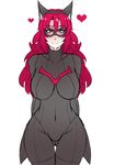  animal_ears bodysuit breasts cat_ears covered_navel heart large_breasts long_hair looking_at_viewer mask navel nightmare-doom original purple_eyes red_hair smile solo wide_hips 