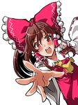  ascot bare_shoulders bow brown_hair detached_sleeves hair_bow hair_tubes hakurei_reimu open_mouth outstretched_hand red_eyes saipin solo touhou white_background 