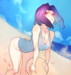  arched_back ball bangs beach beachball blue_sky blurry breasts casual_one-piece_swimsuit cleavage cloud collarbone covered_nipples day depth_of_field dutch_angle fisheye hair_intakes kantai_collection leaning_forward medium_breasts nipples one-piece_swimsuit outdoors parted_bangs pink_eyes protected_link purple_hair see-through sky smile solo swimsuit tatsuta_(kantai_collection) zuizi 