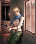  1girl against_wall areolae blonde_hair blue_eyes blush breasts deep_rising female gun highres holster large_breasts legs looking_away navel nipples no_bra pocket resident_evil resident_evil_6 scarf serious sherry_birkin short_hair solo standing thighs thor_(deep_rising) torn_clothes unzipped very_short_hair weapon window 