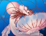  1girl breasts brown_hair huge_breasts isel jellyfish large_breasts long_hair monster_girl nipples open_mouth pregnant red_eyes underwater 