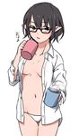  bespectacled black_hair blush breasts coffee cup dress_shirt glasses image_sample long_sleeves looking_at_viewer midriff navel no_bra no_hat no_headwear open_clothes open_shirt panties parted_lips pointy_ears red_eyes shameimaru_aya shirt short_hair simple_background solo text_focus touhou toujou_(toujou_ramen) twitter_sample underwear white_background 