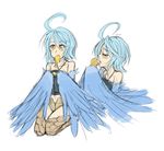  ahoge blue_hair blue_wings colorized drawfag feathered_wings feathers fried_chicken harpy monster_girl monster_musume_no_iru_nichijou mouth_hold multiple_views papi_(monster_musume) simple_background sketch talons white_background wings yellow_eyes 