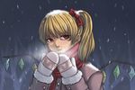  bare_tree blonde_hair bow breath coat cold expressionless flandre_scarlet grey_background hair_bow looking_at_viewer mittens no_hat no_headwear outdoors red_eyes reiji-rj scarf short_hair side_ponytail sideways_glance snow_on_head snowing solo touhou tree wings 